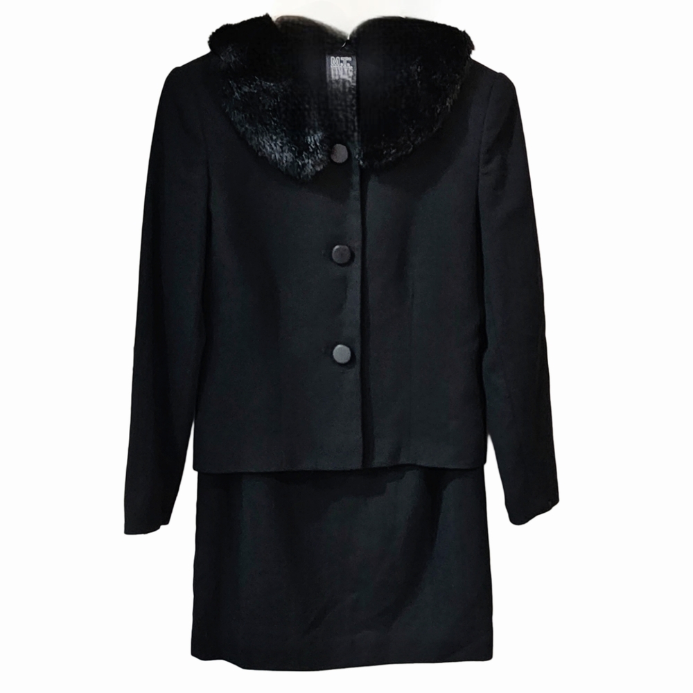 Vintage MT Studio Black 100% Wool Suit/Skirt Set w/Removable Faux Fur Collar, 6P - Picture 8 of 9
